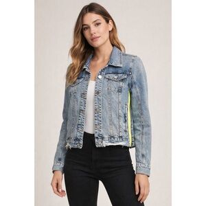 Blank NYC Distressed Blue Denim Jean Jacket Neon Yellow Side Zipper Details